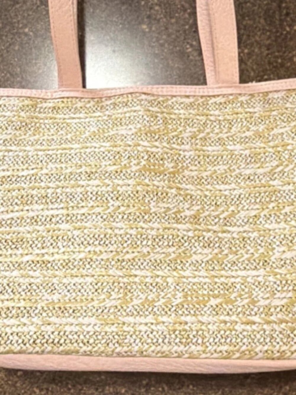 Bueno Straw Tote Bag Pink Faux Leather Trim, Straps, Bottom Large Flower Accent - Picture 4 of 7